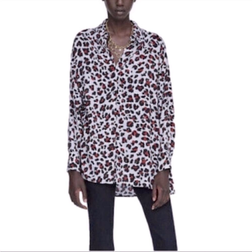 Zara Button Down Leopard Print Blouse XS